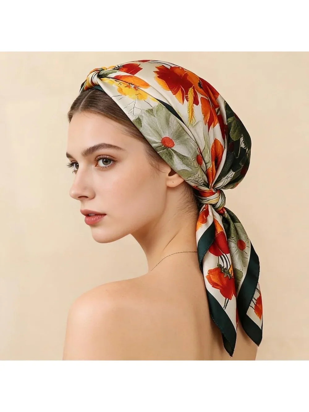 Women's White Orange Light Silk Like Scarves Flower Print Head Cotton Wrap Scarf